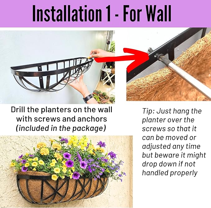 LaLaGreen 30 Inch, 2 Pack Window Boxes Planters – Black Metal Window Boxes for Outdoor Plant, Wall Mount Flower Pot with Coco Coir Liner, Attach to House Fence Balcony Herb for Patio Porch Garden