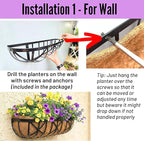 LaLaGreen 24 Inch, 2 Pack Window Boxes Planters – Black Metal Window Boxes for Outdoor Plant, Wall Mount Flower Pot with Coco Coir Liner, Attach to House Fence Balcony Herb for Patio Porch Garden
