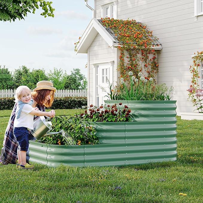 Garvee Galvanized Raised Garden Bed Kit - 61x42x31 in Outdoor Planter Box for Vegetables, Flowers. Modular 3-in-1 Raised Garden Beds Outdoor with Open Base, Garden Box for Deep Root Growth, Green