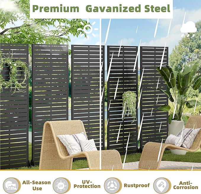 Casaphoria Metal Privacy Screen Outdoor, 72" H x 47" W Freestanding Decorative Privacy Screen for Patio Deck Balcony Garden with Stable Base, Louvered Black