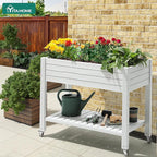 YITAHOME 43.3x17.7x34 in Elevated Garden Bed, Outdoor Plastic Planter Box with Wheels, Legs, Drain Plug, and Storage Shelf for Plants, Vegetables, Flowers, Herbs, Grayish-White