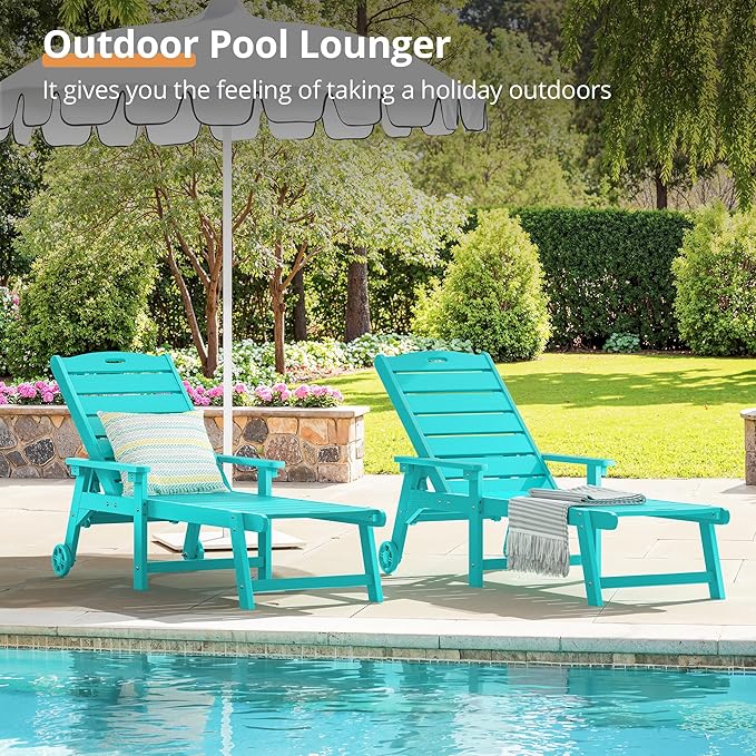 LUE BONA Outdoor Chaise Lounge Chairs Set of 4, 79'' Oversized HDPS Chaise Lounger, 5 Positions Adjustable Lounge Chairs, Pool Lounge Chair with Wheels for Poolside, 3 Year Warranty, Aruba Blue
