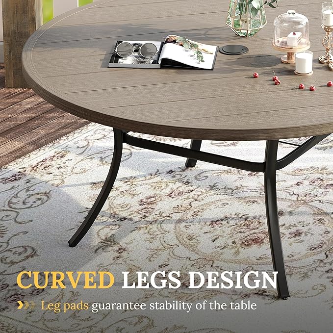 VICLLAX 50" Outdoor Round Patio Table with Umbrella Hole, All Weather Metal Round Outdoor Dining Table for Lawn Garden, 6-8 Person Table, Grey Wood Grain
