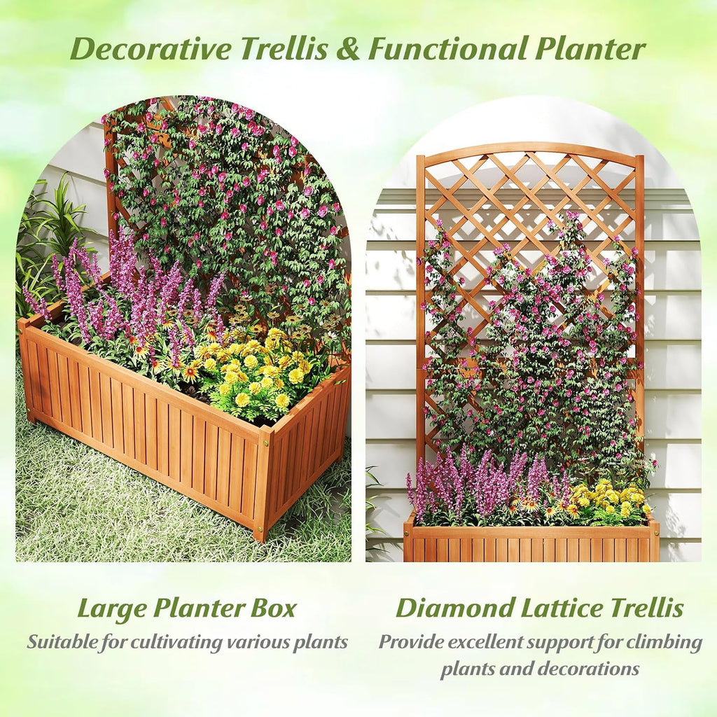 giantex solid acacia wood planter box with trellis showing dimensions
