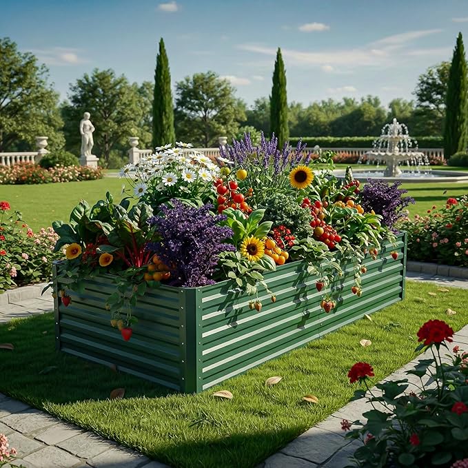 YITAHOME 6pcs 6x3x2 ft Galvanized Raised Garden Bed Kit, Large Metal Planter Box with Gloves & Support Rod, Outdoor Flower Bed for Plants Vegetables, Green