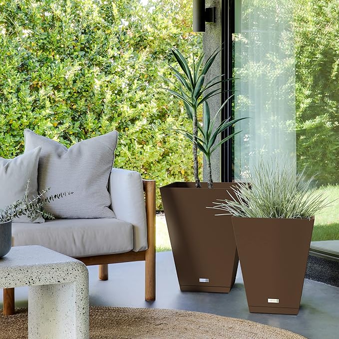 Veradek Nobleton Indoor/Outdoor Wide Square Planter (Espresso, 22 inch - 2 Pack with 2 Saucer Trays)