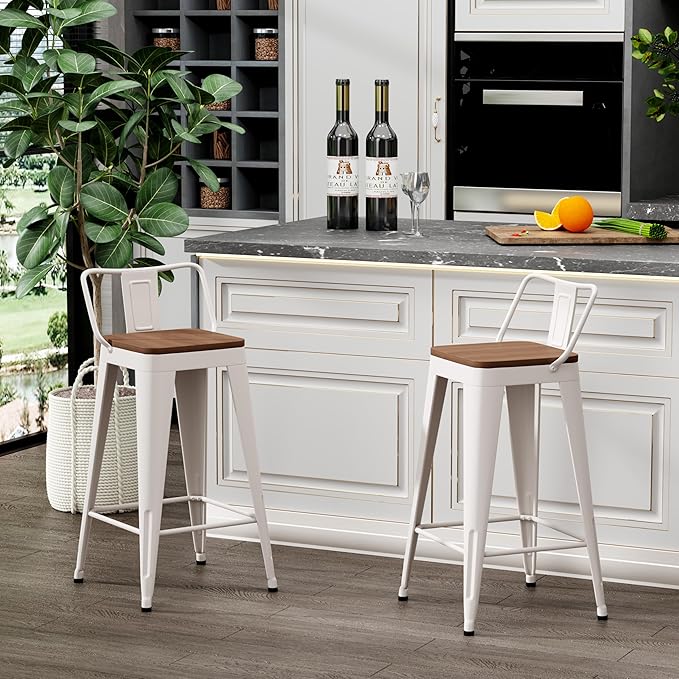 WENTMENT Metal Bar Stools Set of 2 Counter Height Barstools with Removable Back 26" Kitchen Bar Stools with Wooden Seat,Off White
