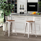 WENTMENT Metal Bar Stools Set of 2 Counter Height Barstools with Removable Back 26" Kitchen Bar Stools with Wooden Seat,Off White