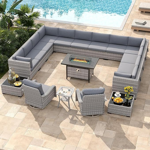 14-Seat Outdoor Wicker Patio Furniture Set with Fire Pit Table, Modular Rattan Sectional Sofa & 2 Swivel Rocking Chairs, 4" Thick Cushions, Rust-Resistant Frame,Gray