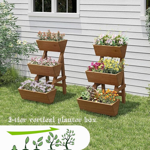 3-Tiers Wooden Raised Garden Bed Planter Box Flower Pots Vertical Garden Planter Wood Plant Stand for Vegetables Flowers Herbs for Patio, Balcony, Freestanding (Brown S)