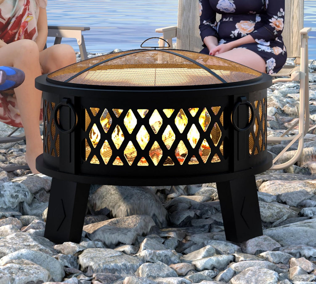 fire beauty 26" 2-in-1 fire pit with bbq, front angle view