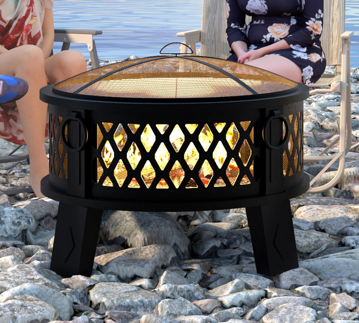 fire beauty 26" 2-in-1 fire pit with bbq, front angle view