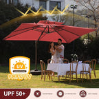 10 X 13 FT Cantilever Outdoor Patio Umbrella with Base Included with Led Lights Large 360° Rotation Double Top Offset Heavy Duty Rectangular Umbrellas for Backyard Outside Deck, Wine Red