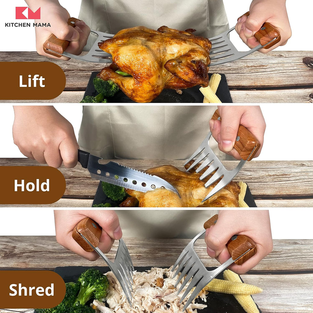 Kitchen Mama Meat Claws, Stainless Steel with Wooden Handle, 1 Pair | BBQ Shredder Claws, For Pulling Pork, Chicken, Beef, Turkey, Perfect for Grill Masters
