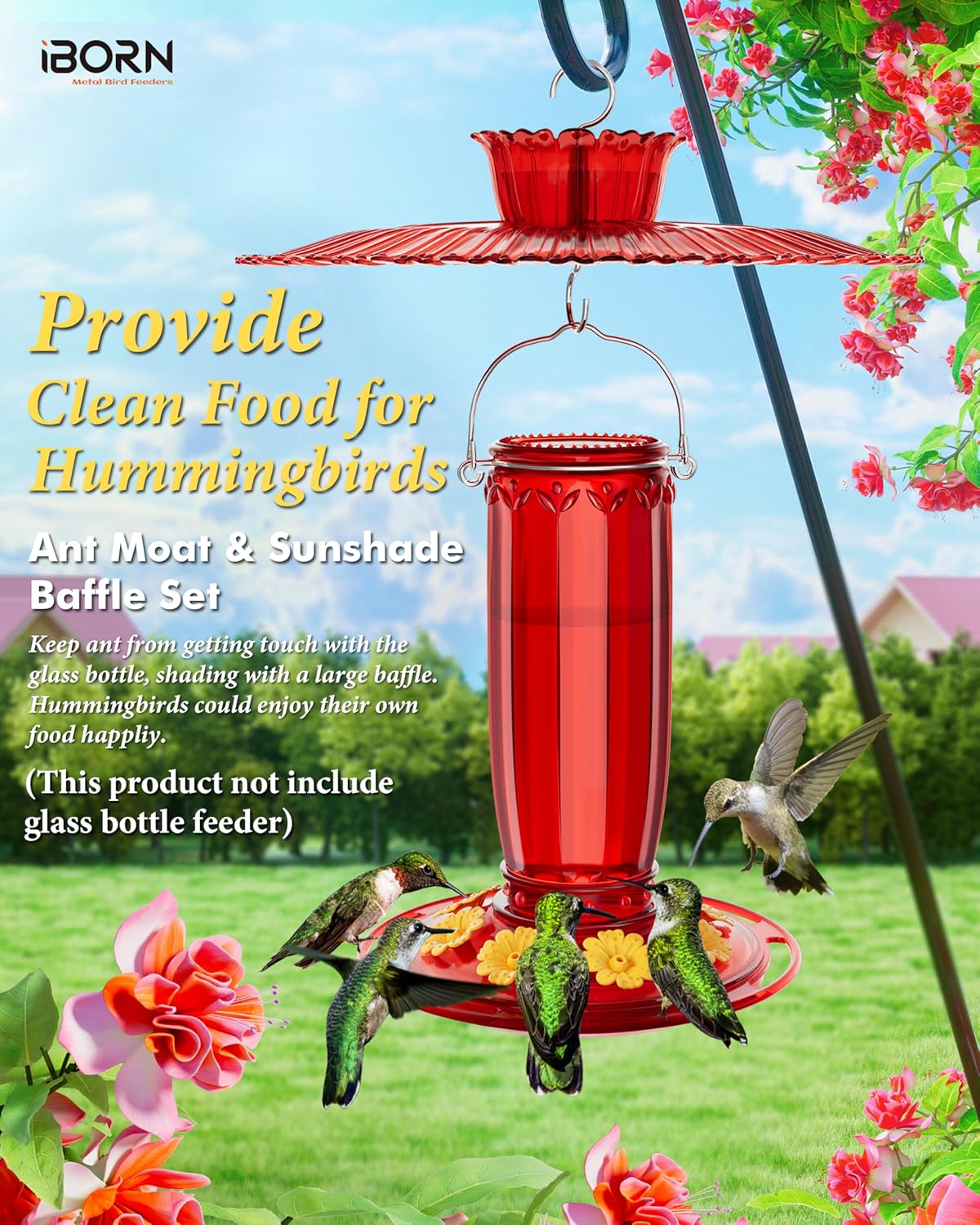 iBorn Hummingbird Feeders Sun Baffle,Ant Proof Moat Shade Cover Combo,for Hanging Bird Feeder for Outdoors Rain Guard,Red, 10.6inch