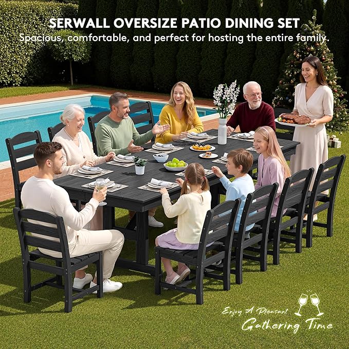 SERWALL Outdoor Dining Table, 84" Rectangular Dining Table for 6-10 Person, All Weather HDPE Outdoor Furniture for Backyard, Garden, Black