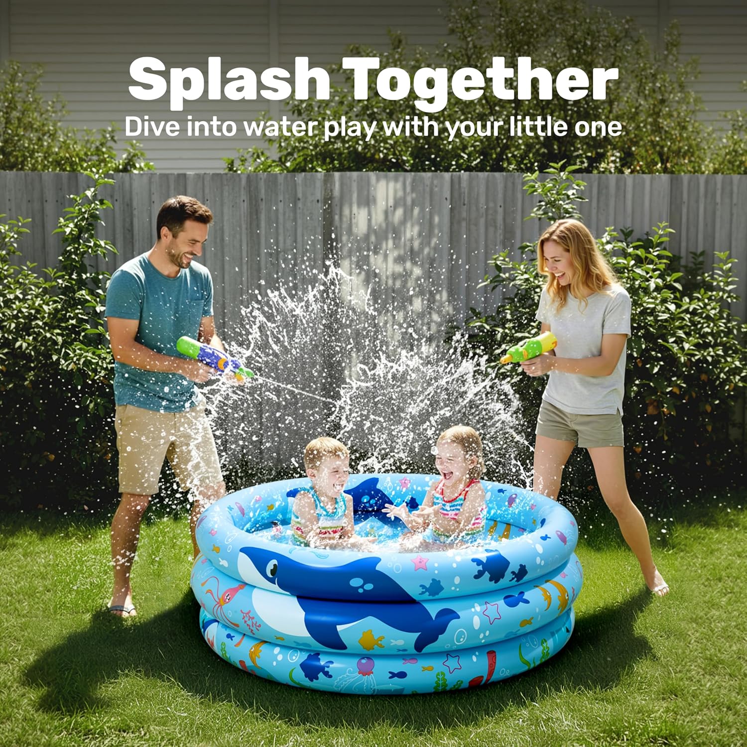 Sloosh Inflatable Kiddie Pool, 34"x10" Blow Up Kid Swimming Pool, 3 Rings Blue Baby Pool for Toddler, Play Pit for Dog with Ocean Whale Pattern for Summer Water Party Backyard Garden(Whale)