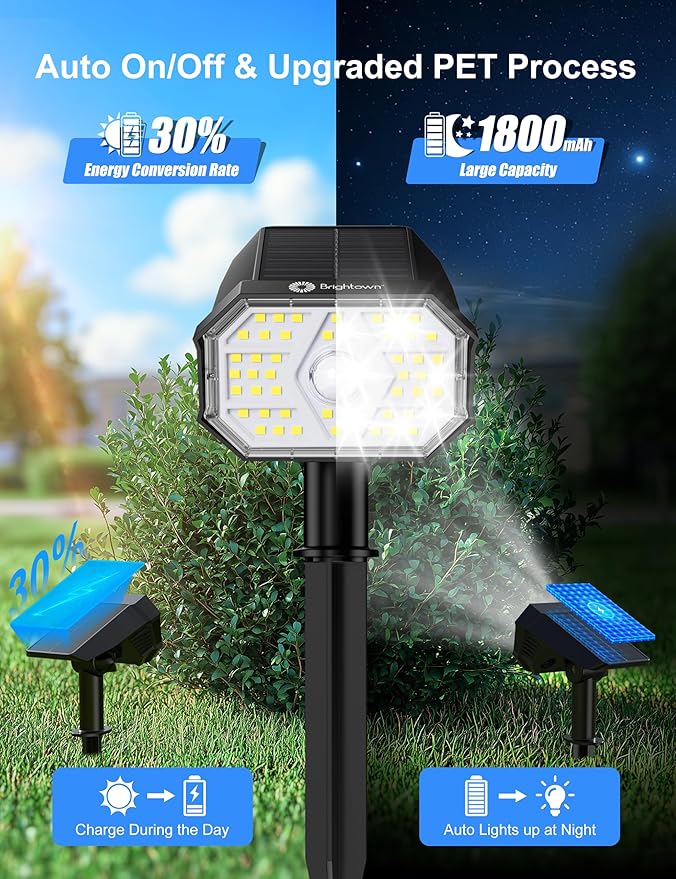 Brightown 6 Pack Solar Motion Lights Outdoor Waterproof, Motion Sensor Spot Lights- 58 LED/3 Modes Solar Powered Spotlights 2-in-1 Auto On/Off for Outside Yard Wall Garden, Cool White