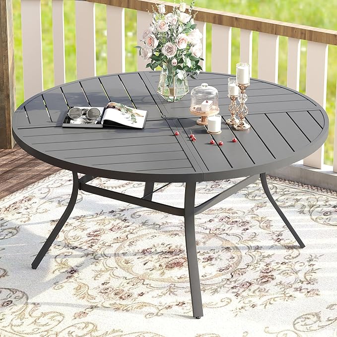 VICLLAX Round Patio Table with Adjustable Umbrella Hole for 8, All Weather Metal Outdoor Dining Table for Lawn Garden, 59.8" Outdoor Coffee Table, Grey Tabletop