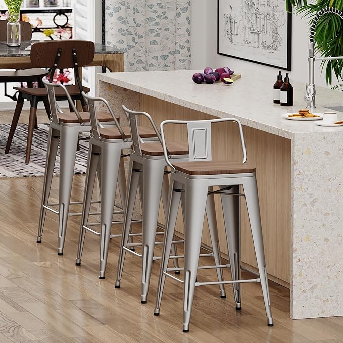Yongchuang 24 inch Barstools Set of 4 Counter Height Bar Stools Farmhouse Kitchen Metal Bar Chairs with Wood Seat Low Back Silver