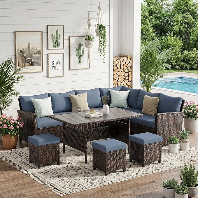 Wisteria Lane 7 Piece Patio Furniture Set, High Curved Back Wicker Patio Sectional, All Weather Outdoor Dining Set, Outdoor Furniture Patio Conversation Set with Ottoman, Blue