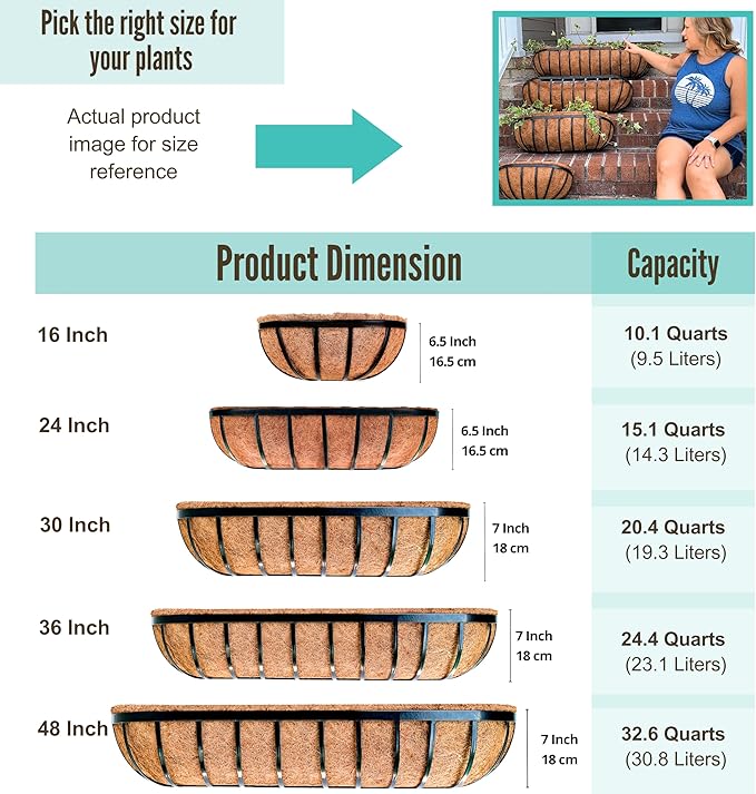 LaLaGreen Deck Railing Planter Boxes for Plants (24 Inch, 6 Pack) Metal Wall Planters for Outdoor Plants, Black Window Flower Boxes Deck Railings with Coco Liner Fence Balcony Patio Porch Over Rail