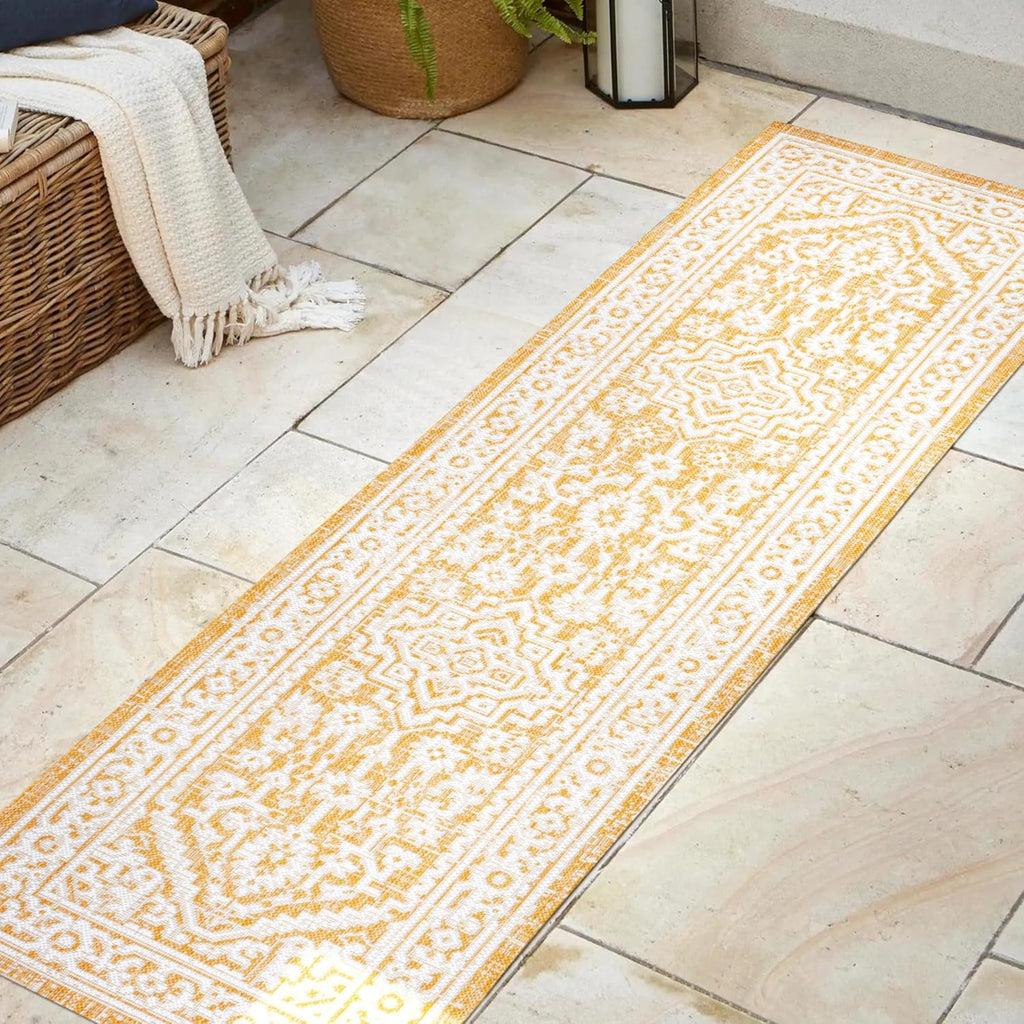 JONATHAN Y Medallion Weave Indoor Outdoor Runner Rug 2X8 Yellow/Cream, Sinjuri Textured for Backyard, Patio, Porch, Easy-Cleaning, High Traffic, Pet-Friendly, Non-Shedding (SMB101I-28)