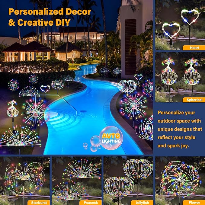 Solar Garden Lights Outdoor Decorative, 4pack 120 LED Firework Lights Waterproof，Solar Fairy Lights for Outside,Garden,Yard, Patio,Pathway,Flowerbed,Party(Multicolor)