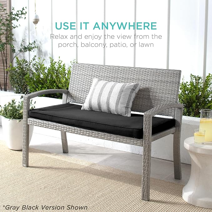 Best Choice Products Outdoor Bench 2-Person Wicker Garden Patio Benches Seating Furniture for Backyard, Porch w/Seat Cushion, 700lb Capacity - Cream/Gray
