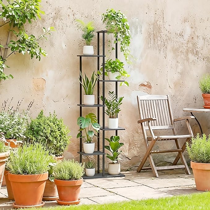 Plant Stand Indoor 7 Tier 8 Potted Metal Wood Plant Shelf, Multiple Flower Pots Corner Tall Plant Holder Stands for Living Room Balcony Bedroom, Oak Grey