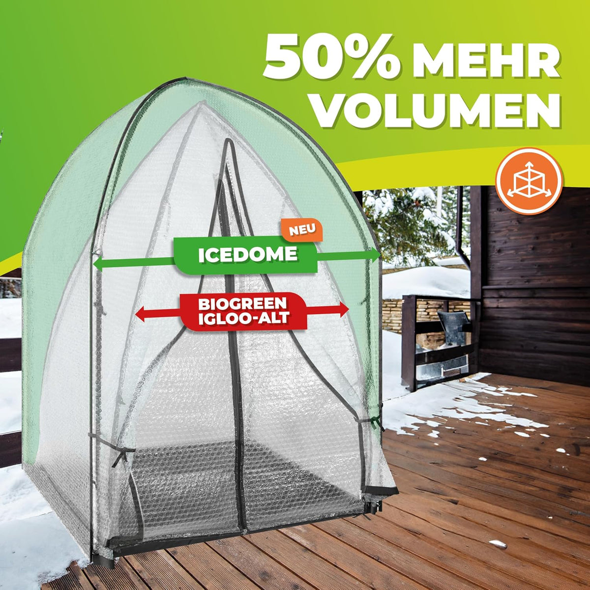 bio green icedome winter tent for plants, 3-layer showing dimensions