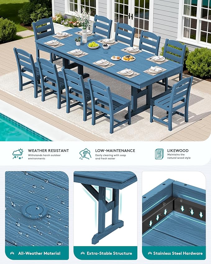 SERWALL Outdoor Dining Table, 84" Rectangular Dining Table for 6-10 Person, All Weather HDPE Outdoor Furniture for Backyard, Garden, Navy