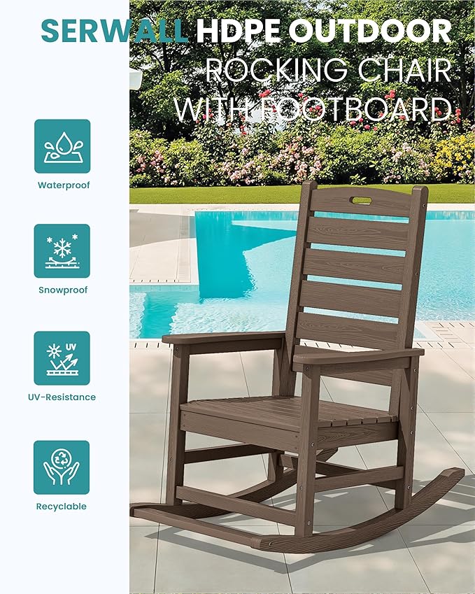 SERWALL Outdoor Rocking Chair Set of 2, Oversized Rocking Chair with Footboard for Adults, HDPE All Weather Resistant Rocking Chairs for Patio, 350lbs Weight Capacity,Coffee