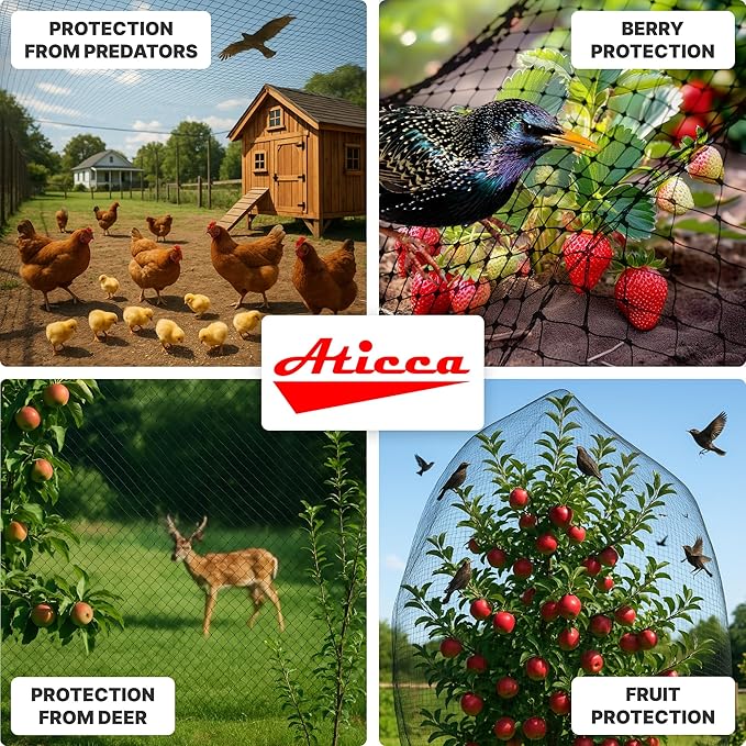 Heavy Duty Bird Netting for Garden Protection & Fruit Trees, 7.5x65 Ft with 10 Stakes – Black Anti-Bird Net for Poultry, Deer, & Squirrel Protection, Durable Nylon Mesh for Garden and Yard Use