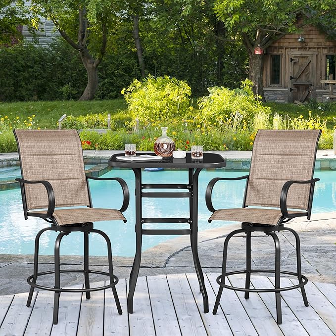 Yaheetech 2 Piece Patio Swivel Bar Stools Texteline Bistro Chairs with High Back/Armrest/Footrest, All Weather Padded Seating Outdoor Furniture Chairs for Outside, Lawn & Garden?Black/Brown