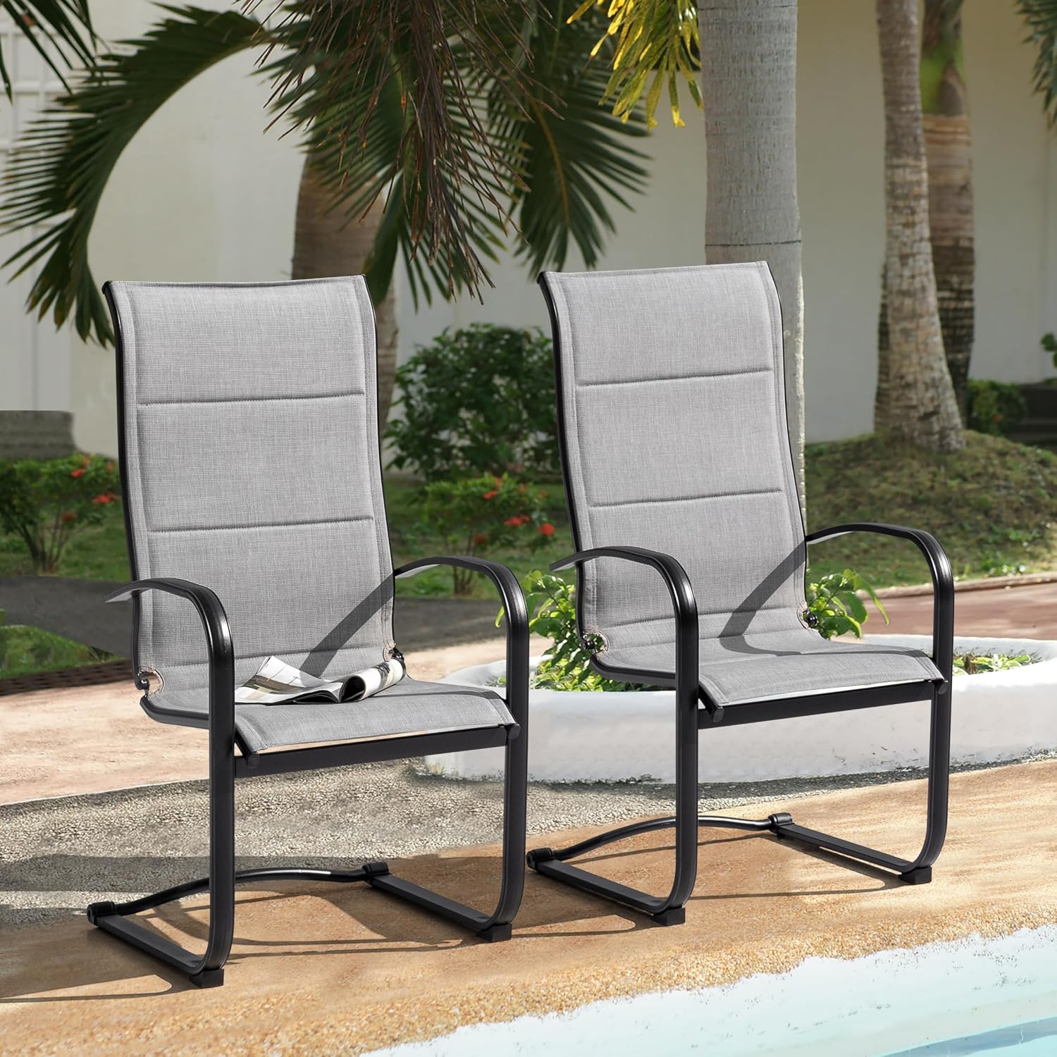 NUU GARDEN Patio Dining Chairs Set of 2, All Weather Outdoor Padded Textilene Patio Chairs, Breathable Spring Motion Textile High Back Outdoor Dining Chairs for Backyard, Lawn, Deck, Gray