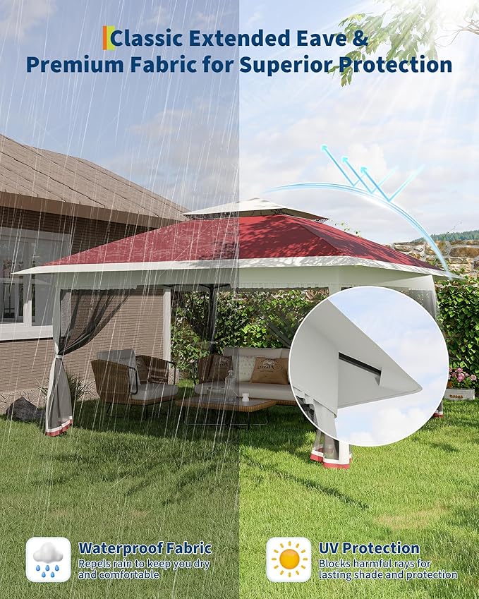 Canopy Tent 12x12 ft, Pop Up Gazebo One-Push Setup with 4 SandBags for Backyard Parties and BBQs, Mosquito Netting & Height Adjustable - Red