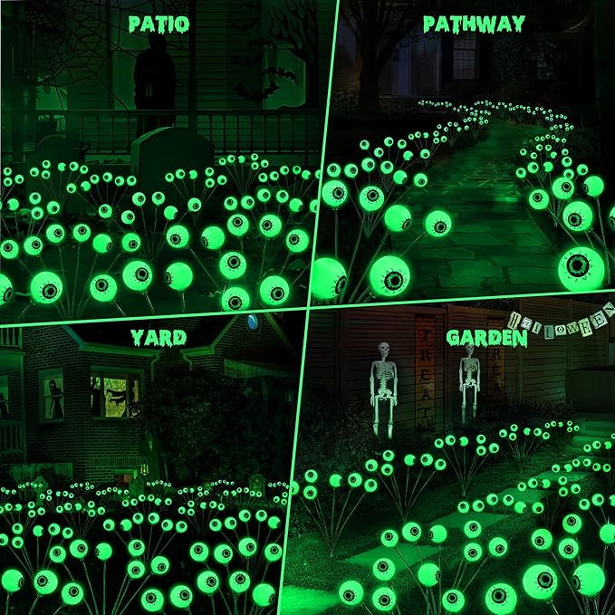 BrizLabs 6 Pack 36 LED Halloween Solar Eyeball Lights, 2 Modes Outdoor Halloween Pathway Lights, Green Solar Walkway Light Waterproof, Green Swaying Firefly Light for Outside Path Yard Garden Lawn
