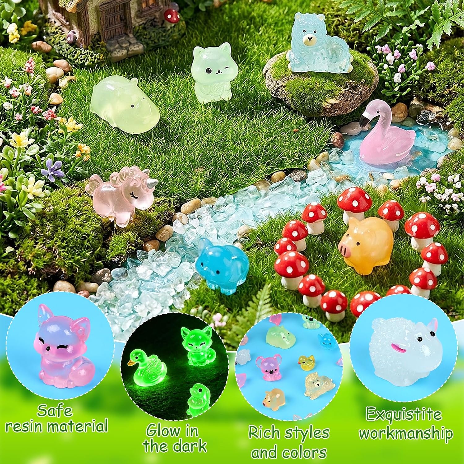 CCINEE 100pcs Luminous Mini Resin Animals, Tiny Glow in The Dark Figures to Hide Miniature Unicorns Ducks Figurines Fairy Garden, Micro Landscape, Aquarium, Party Favors & Craft Decor
