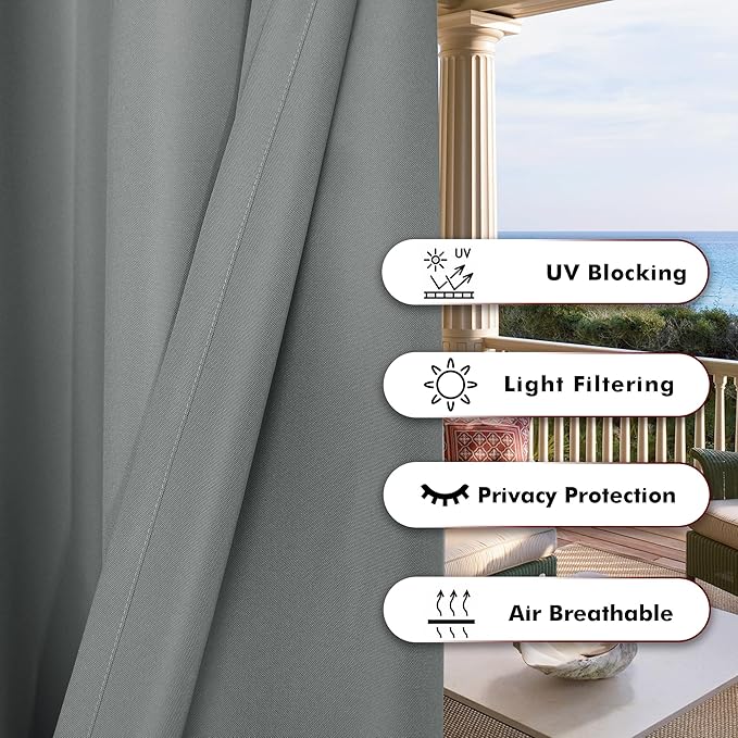 BONZER Outdoor Curtains for Patio Waterproof Thick Privacy Grommet Light Filtering Outside Curtains for Porch Pergola Gazebo Deck, 1 Panel, 54W x 108L inch, Grey