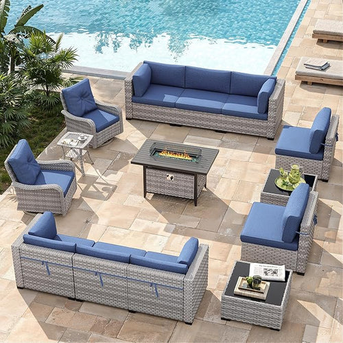 10-Seat Outdoor Wicker Patio Furniture Set with Fire Pit Table, Modular Rattan Sectional Sofa & 2 Swivel Rocking Chairs, 4" Thick Cushions, Rust-Resistant Frame,Navy