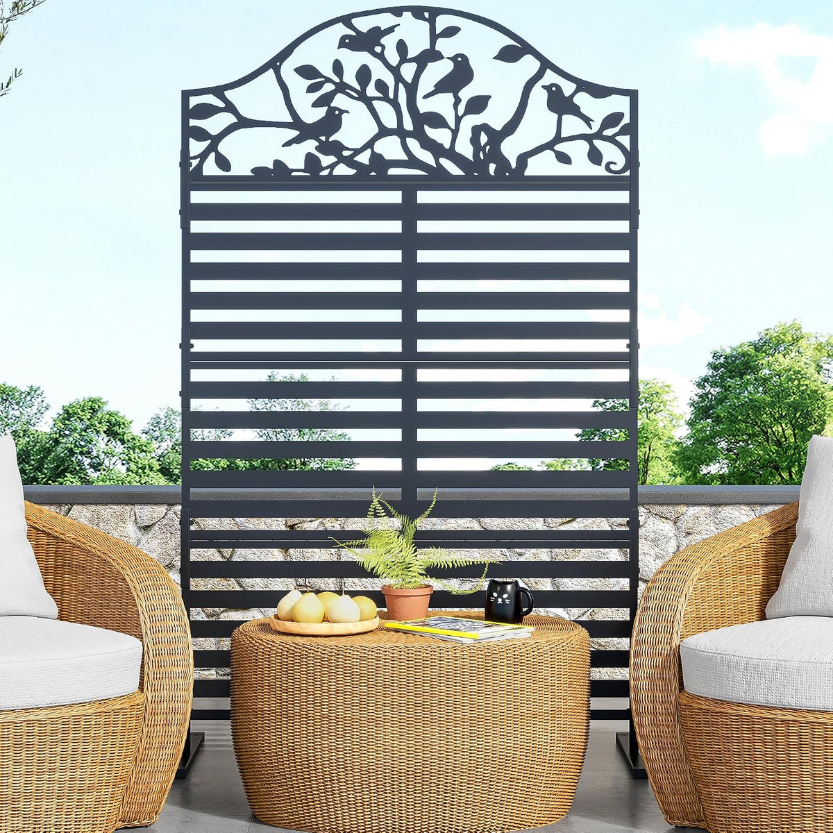 metal outdoor privacy screen freestanding decorative fence, black, main product view