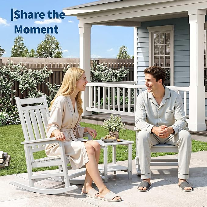 HDPE Rocking Chair Outdoor Set of 4 - Poly High Back Porch Rocker Chairs for Adults - All Weather Resistant Furniture for Patio Front Porch - White