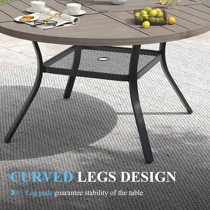 VICLLAX Patio Dining Set for 6, 7 Pieces Outdoor Furniture Set- 47" Round Patio Table and 6 Patio Chairs, Grey Wood Grain Tabletop and Grey Fabric