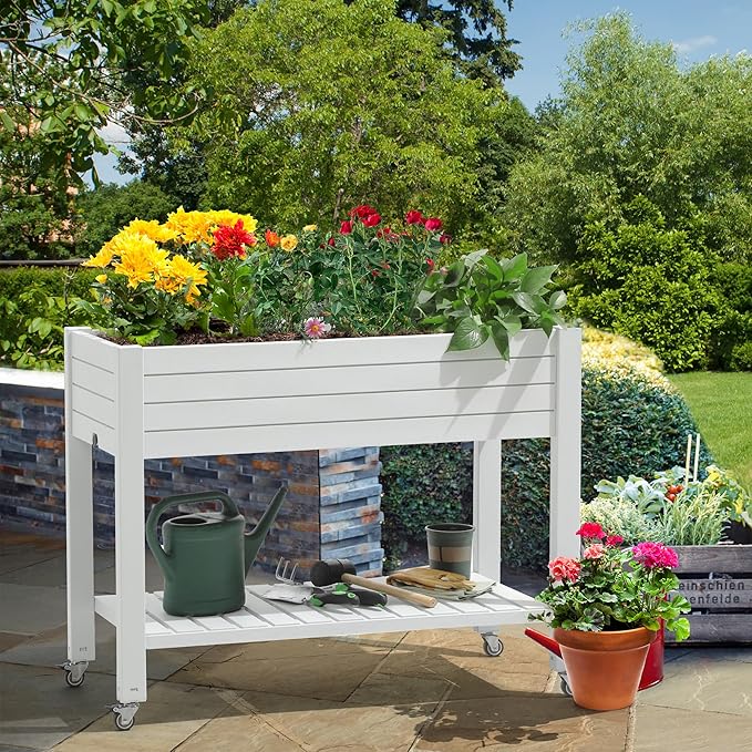 YITAHOME 43.3x17.7x34 in Elevated Garden Bed 2pcs, Outdoor Plastic Planter Box with Wheels, Legs, Drain Plug, and Storage Shelf for Plants, Vegetables, Flowers, Herbs, Grayish-White