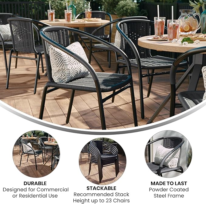 EMMA + OLIVER Set of 4 Modern Rattan Indoor/Outdoor Stack Chairs, Stacking Rattan Patio Chairs with Curved Back and Cross Bracing, Gray