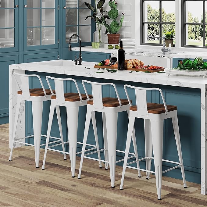 WENTMENT Metal Bar Stools Set of 4 Counter Height Bar Stools Barstools with Removable Back 24" Kitchen Bar Stools with Wooden Seat,Off White