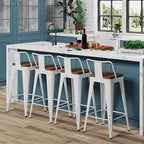 WENTMENT Metal Bar Stools Set of 4 Counter Height Bar Stools Barstools with Removable Back 24" Kitchen Bar Stools with Wooden Seat,Off White