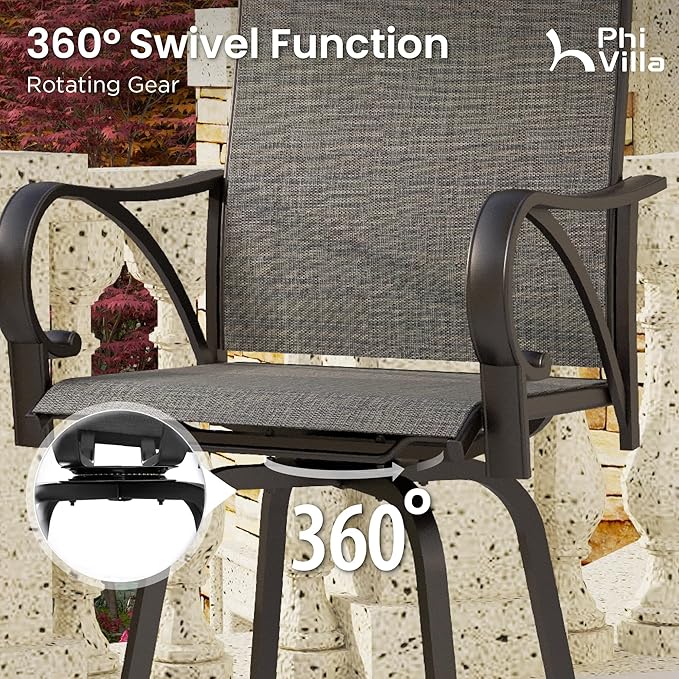 PHI VILLA Outdoor Swivel Bar Stools Set of 6, Bar Height Patio Bar Stools & Chairs, All-Weather High Top Patio Chairs with Textilene Fabric for Outdoor, Grey