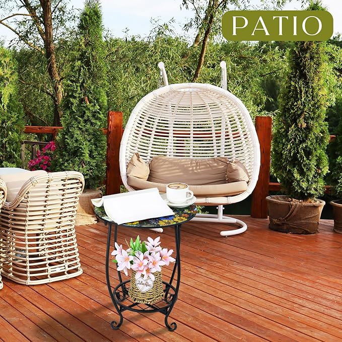 Outdoor Side Table Round Small Mosaic Patio Accent Indoor End Plant Coffee Tea Table for Yard Patio Porch Garden Living Room, Bedroom(Sunset Wildflowers Style,12 Inch)